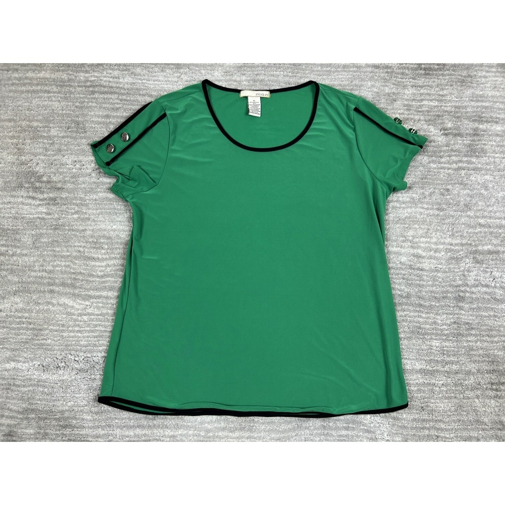 Atelier 29 Top Womens XL Green Short Sleeve Blouse Button Accent Contrast Trim